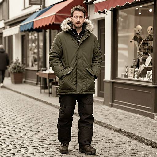 Photograph of a bearded man in a green parka with fur hood, black pants, standing on a cobblestone street, with shops and