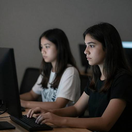 Dimly Lit Duo Focused on Screens