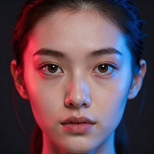 Close-up photograph of an Asian woman with fair skin, dark hair, and brown eyes, illuminated by red and blue lights against a black background, creating