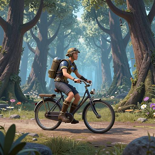 Digital artwork of a soldier in camouflage gear, helmet, and backpack riding a black bicycle through a sunlit, enchanted forest.