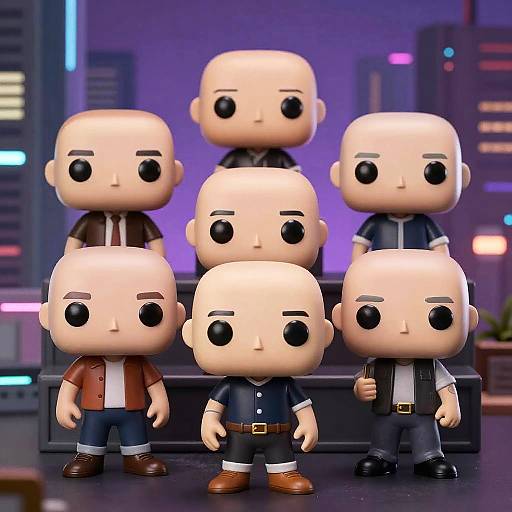 Bald Funko Figurines in Futuristic City