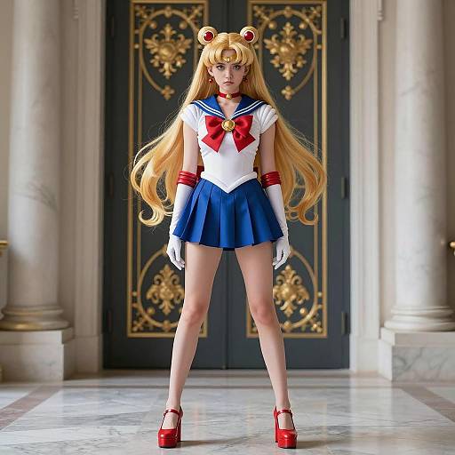 Woman in Sailor Moon Costume in Ornate Hall
