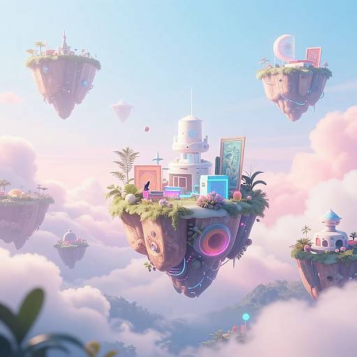 Whimsical CGI artwork of floating, grassy islands with colorful buildings, plants, and neon lights, set against a bright blue sky with fluffy clouds