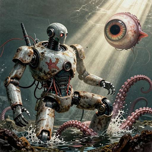 Digital artwork: Rusty, damaged robot with red star on chest, battles giant eyeball with tentacles, submerged in dark, stormy water.