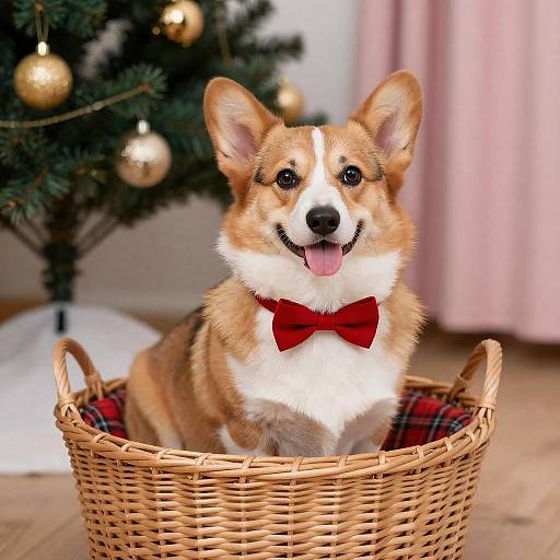 Corgi Dog with Red Bowtie in Basket