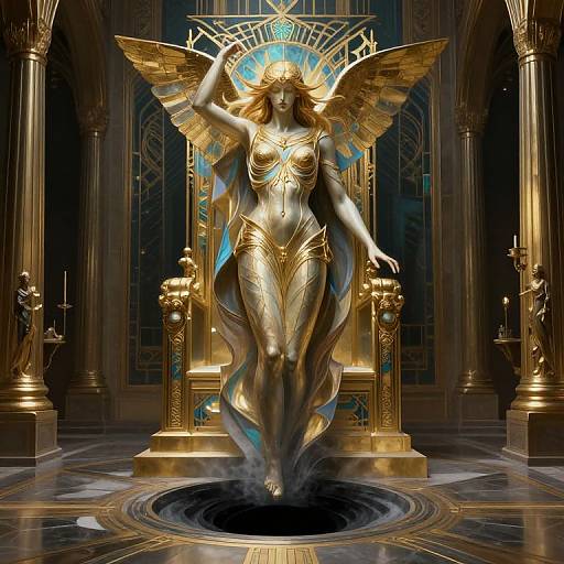 Digital art of a golden-winged, topless, armored goddess with flowing hair, standing on a glowing throne in a grand, ornate hall.