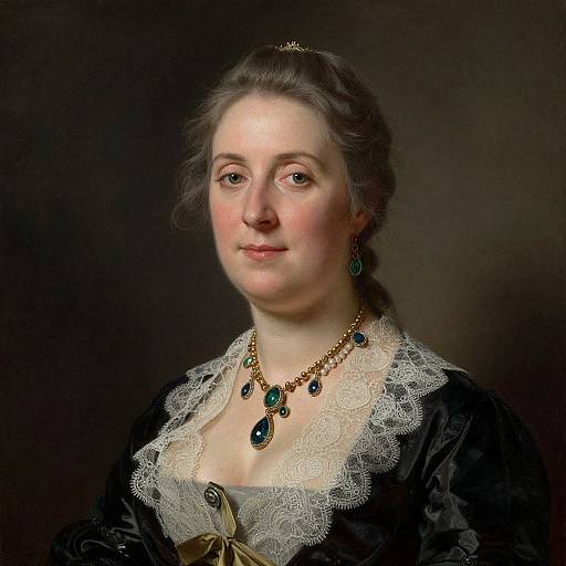 Photograph-style painting of a dignified, fair-skinned woman with gray hair, wearing a black lace gown, green jewelry, and a gold necklace