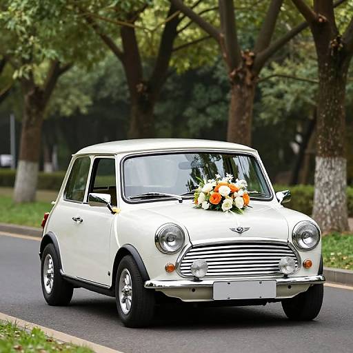 Photograph of a white vintage Mini Cooper adorned with orange and white flowers, driving on a tree-lined street.