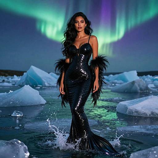 Photograph of a woman with long black hair in a shimmery black mermaid dress, standing in icy water under vibrant green and purple aurora