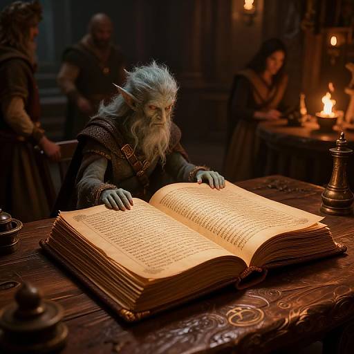 Photograph of an elderly, white-bearded elf with pointed ears, wearing dark armor, reading an illuminated, open ancient book in a dimly lit