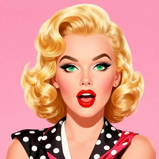 Digital pop art portrait of a blonde woman with green eyes, red lipstick, and curled hair, wearing a polka dot dress, against a pink background
