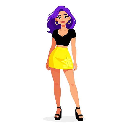 Digital illustration of a confident woman with purple hair, black top, yellow skirt, black high heels, and large hoop earrings.