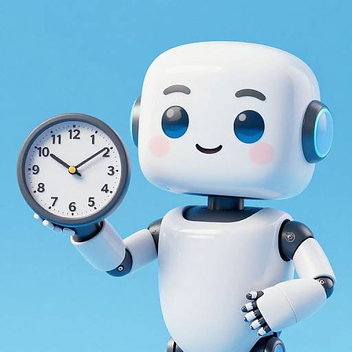 CGI illustration of a cute, white, robot with blue eyes and blush, holding a black-framed clock against a blue background.