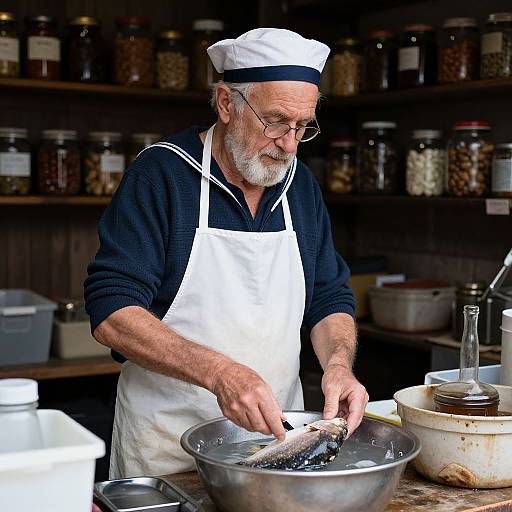Elderly Sailor Preparing Fish