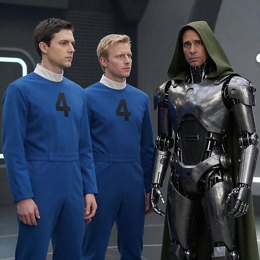 Sci-Fi Men in Blue Bodysuits and Robot with Green Hood