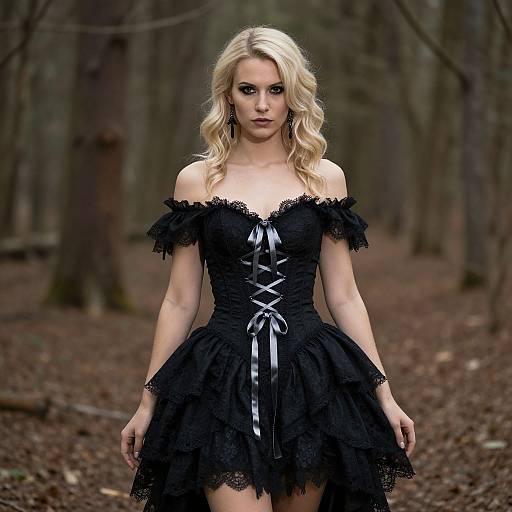 Photograph of a blonde woman in a black lace off-shoulder gothic dress with silver ribbons, standing in a forest.