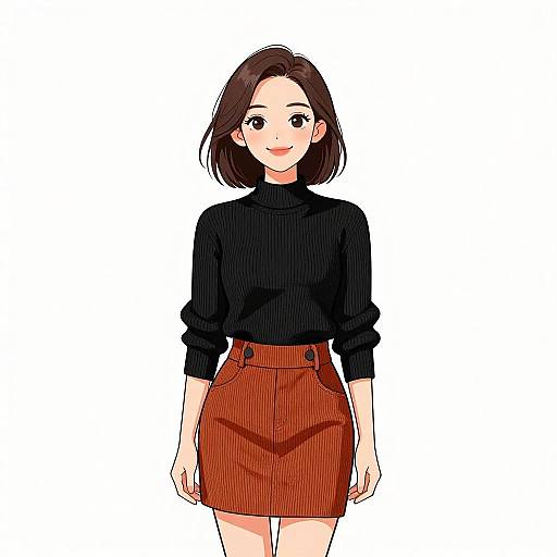 Digital anime-style drawing of a smiling woman with short brown hair, wearing a black turtleneck and high-waisted red skirt. White background.