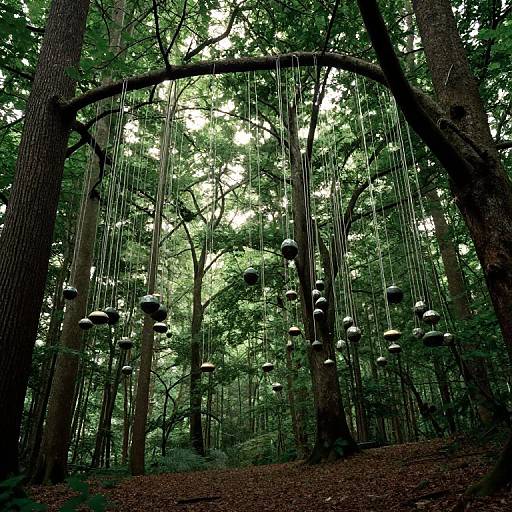 Photograph of a forest with tall trees, green leaves, and numerous silver spherical ornaments hanging from thin wires forming an arch.