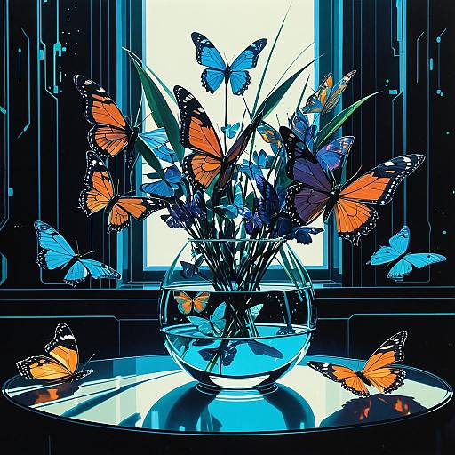 Holographic Butterflies in Retrofuturist Vase