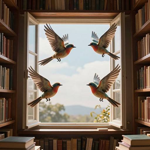 Sentient Birds Flying from Library