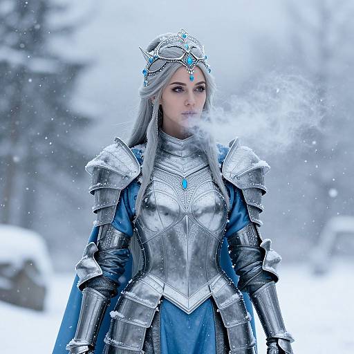 Photorealistic image of a silver-haired woman in silver armor and blue cloak, breathing icy breath, standing in a snowy forest. She wears a jew
