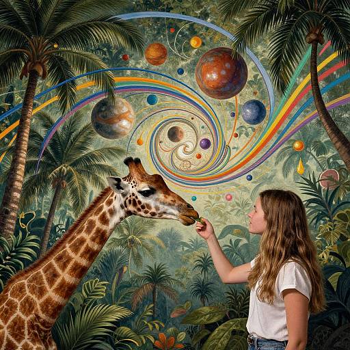 Young Woman Feeding Giraffe in Abstract Jungle
