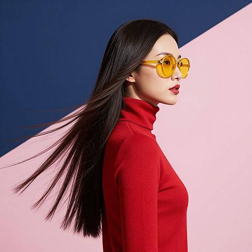 Photograph of a woman with long black hair, wearing a red turtleneck and yellow circular sunglasses, against a blue and pink background.