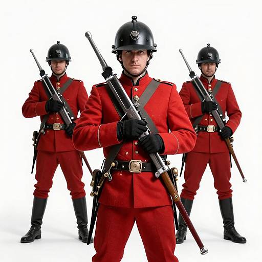 Photograph of three soldiers in red uniforms, black helmets, and black gloves, standing with rifles, arranged in a triangular formation against a white background.