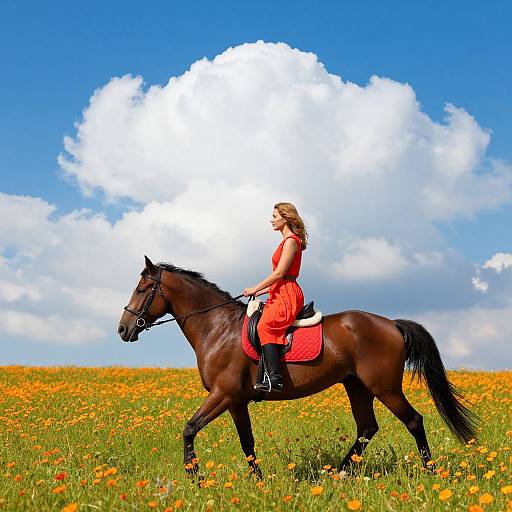 Photograph of a woman with blonde hair in a red dress riding a dark brown horse through a bright, colorful meadow with orange flowers and a blue