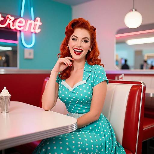 Photograph of a smiling red-haired woman in a turquoise polka dot dress, seated in a retro diner with neon sign, white table, and red