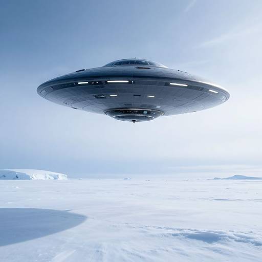 Photograph of a sleek, black flying saucer hovering above a bright, snow-covered landscape with icy formations under a clear, blue sky.
