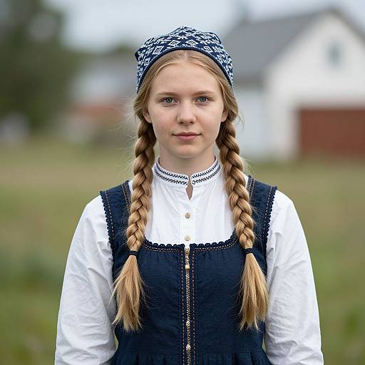 Photograph of a young girl with blonde braids, wearing a blue patterned headscarf, white blouse, and black vest, standing outdoors with