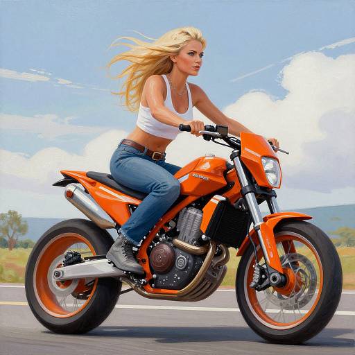 Blonde woman with long hair in white crop top and blue jeans rides an orange Suzuki motorcycle on a sunny highway.