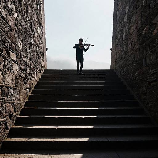 Silhouetted musician playing violin at top of stone staircase, bright sky behind; high-contrast photograph emphasizing dramatic shadows and textures.