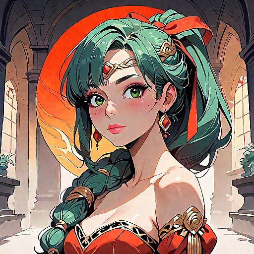 Anime Girl with Green Hair in Red Dress