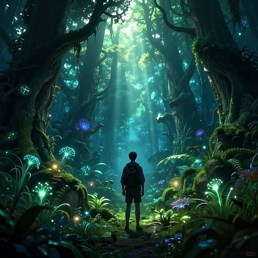 Digital fantasy artwork: Silhouetted figure stands in enchanted forest, surrounded by glowing mushrooms, bioluminescent plants, and ethereal blue light