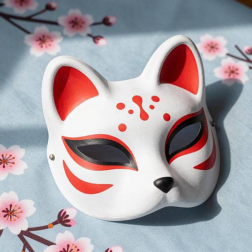 Japanese Fox Mask on Cherry Blossom Fabric