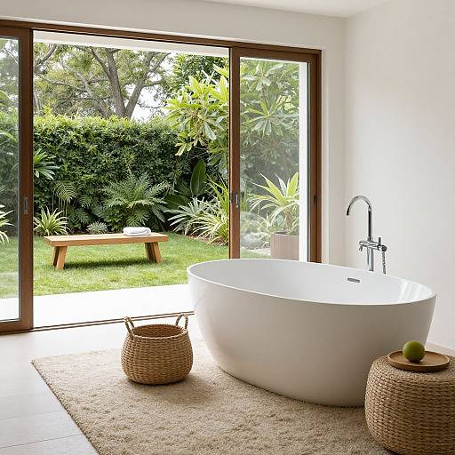 Modern bathroom photograph: white oval bathtub, wooden bench outside, lush green garden, glass doors, beige woven baskets, wooden table, minimalist decor.