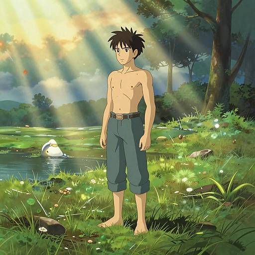 Semi-Realistic Ghibli Style Boy in Sunlit Meadow