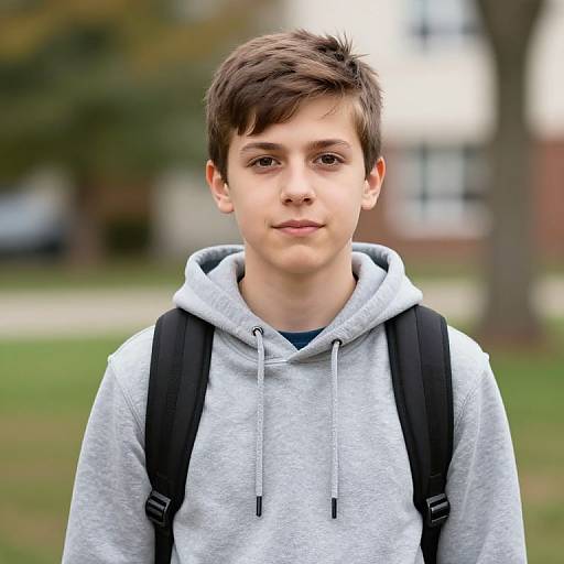 Photograph of a young Caucasian boy with short brown hair, wearing a gray hoodie, black backpack, standing outdoors, blurred background.