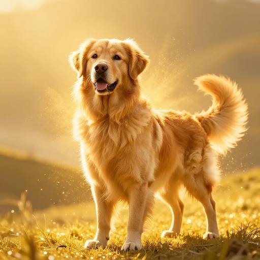 Photograph of a golden retriever standing in a sunlit grassy field, with a warm, glowing background and the dog's fur illuminated by sunlight