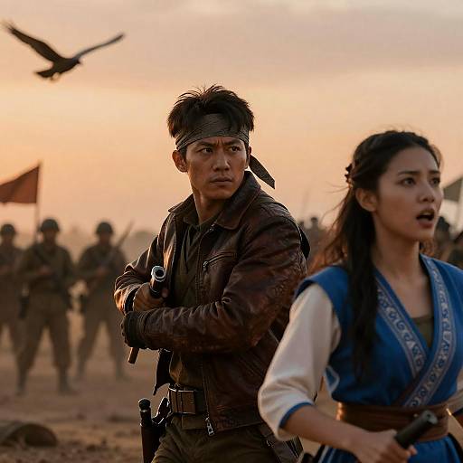 Intense Battle Scene with Armed Man and Woman