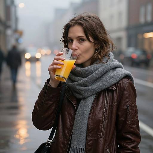 Photograph of a young woman with brown hair, sipping orange juice, wearing a gray scarf and brown leather jacket, standing on a wet, fog