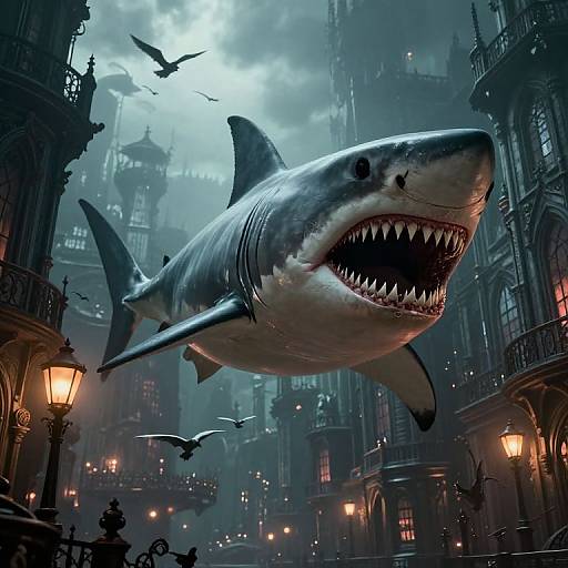 Demonic Megalodon in Gothic Cityscape