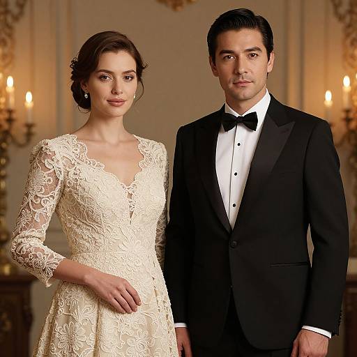 Photograph of a fair-skinned, brown-haired woman in an elegant white lace wedding dress standing beside a dark-haired man in a black tuxedo
