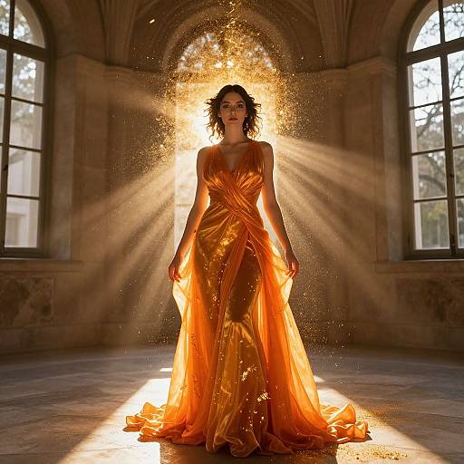 Photograph of a woman in a glowing, golden-orange, floor-length dress, standing in a sunlit, arched stone room, with rays of