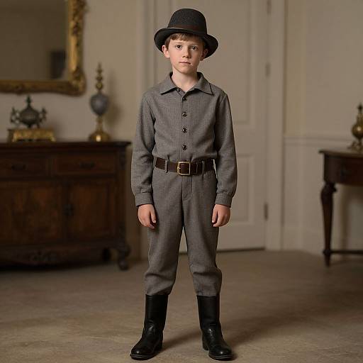 Photograph of a young boy in vintage gray trousers, black belt, long-sleeve shirt, black boots, and black bowler hat, standing