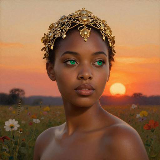 Photograph of a beautiful dark-skinned woman with striking green eyes, wearing a gold headpiece, against a vibrant sunset with a field of wildflowers