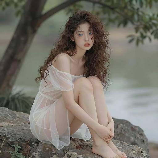 Young Woman in Sheer Dress Sitting on Rocks