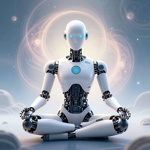 CGI image of a glowing white robot with blue eyes, sitting cross-legged in a meditative pose on a cloud, surrounded by luminous circles and